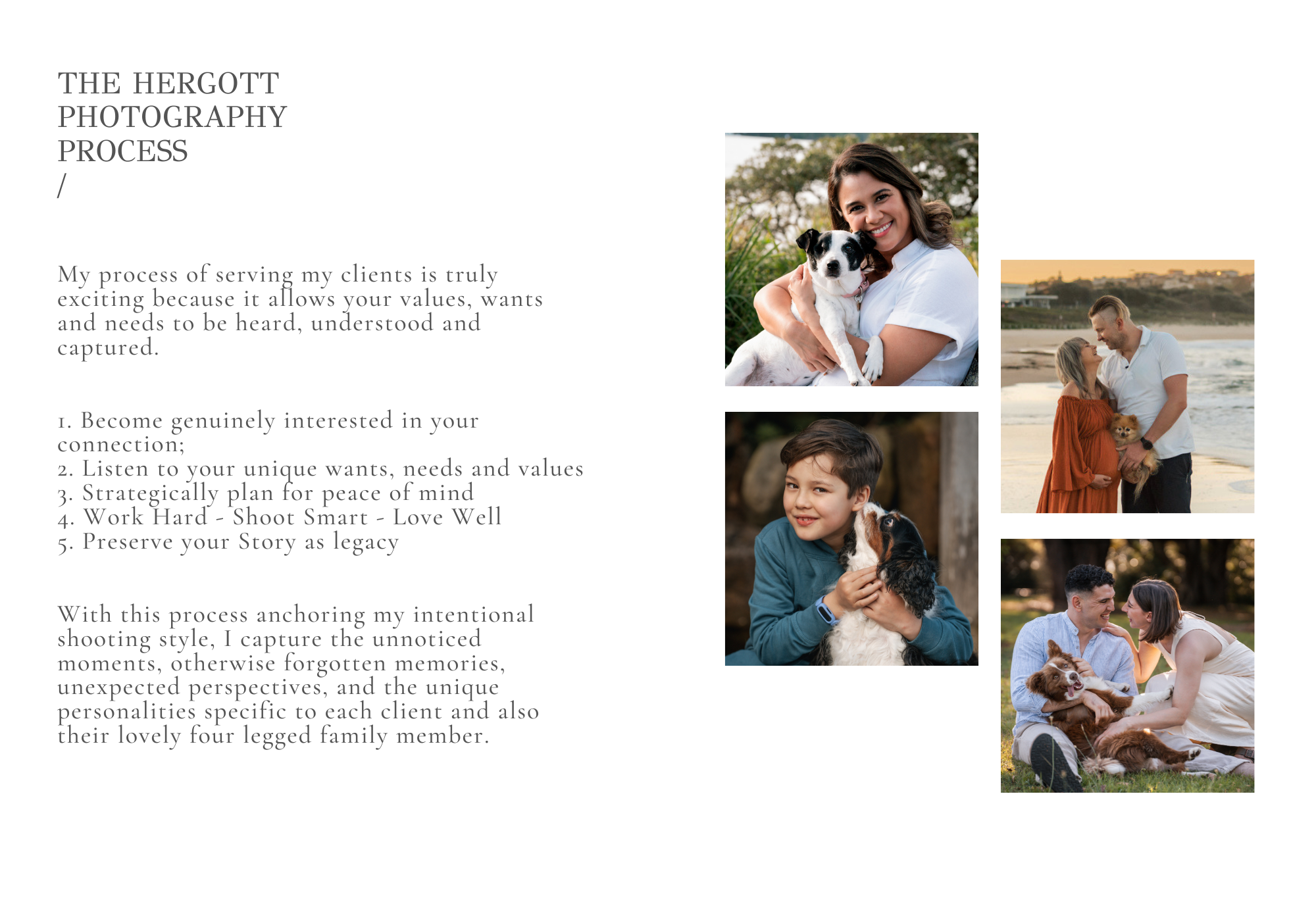 Photography process infographic showing sample photos and workflow steps.