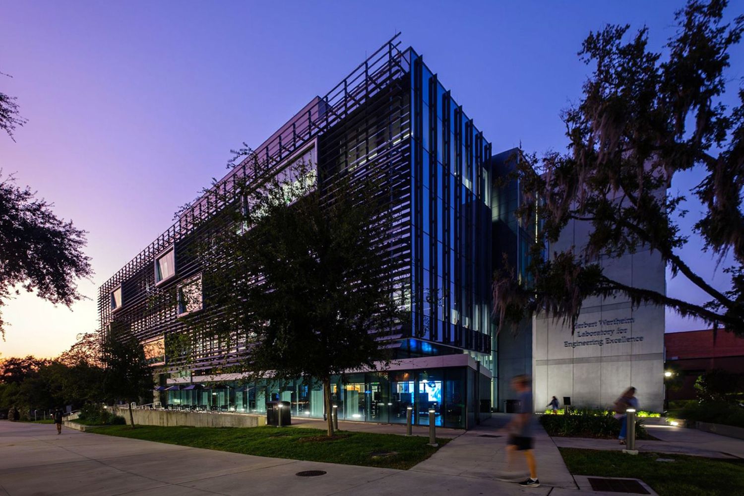 Twilight image of the Herbert Wertheim Laboratory for Engineering Excellence at UF.