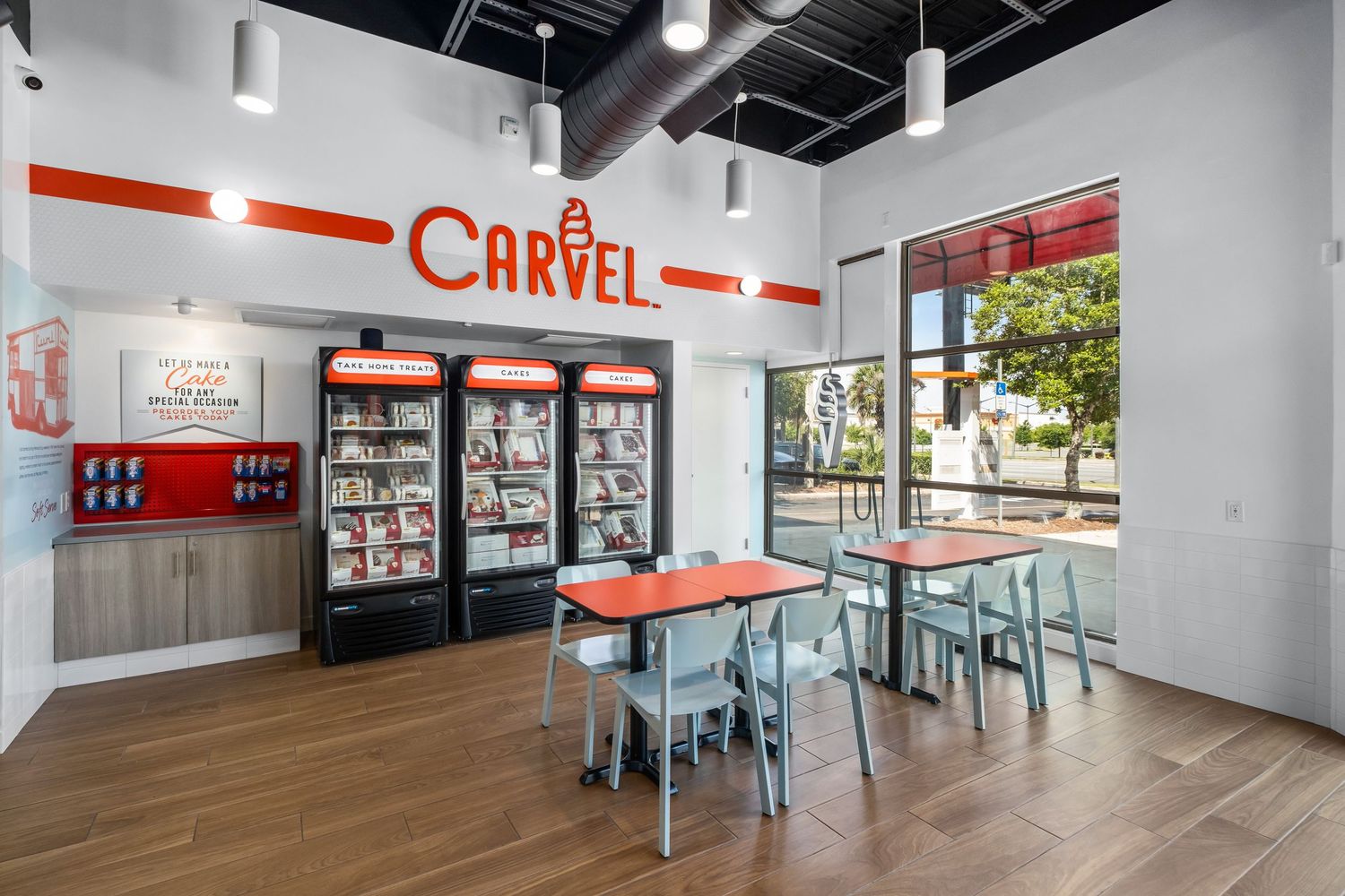 A commercial photograph of the customer seating area at the Carvel soft serve ice cream store in Gainesville, Fl.