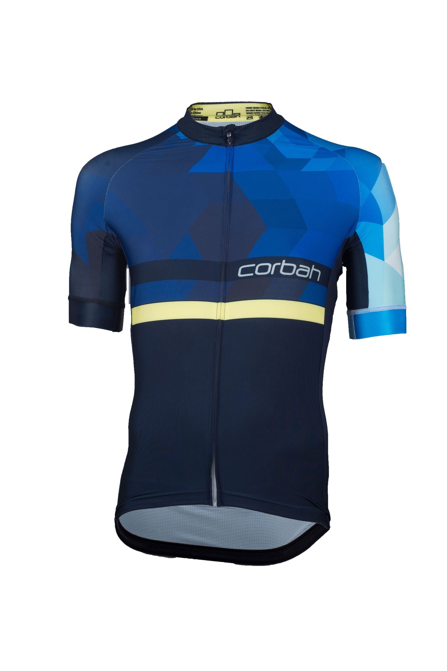 Product photograph of a blue cycling jersey by Corba cycling on a white background.