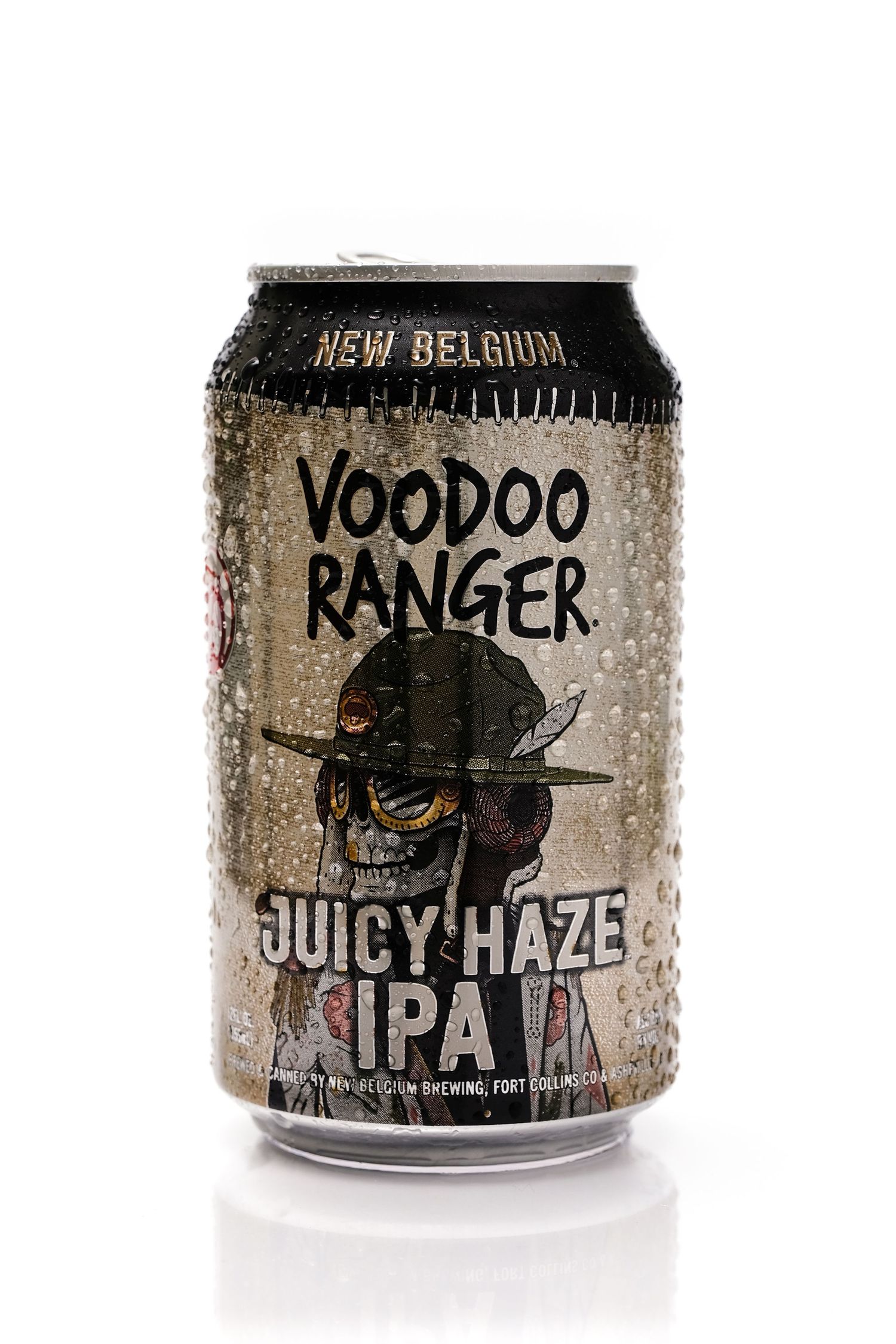 An ice cold VooDoo Ranger Juicy Haze IPA on a white background. Product photography Chris Watkins Commercial Photography.