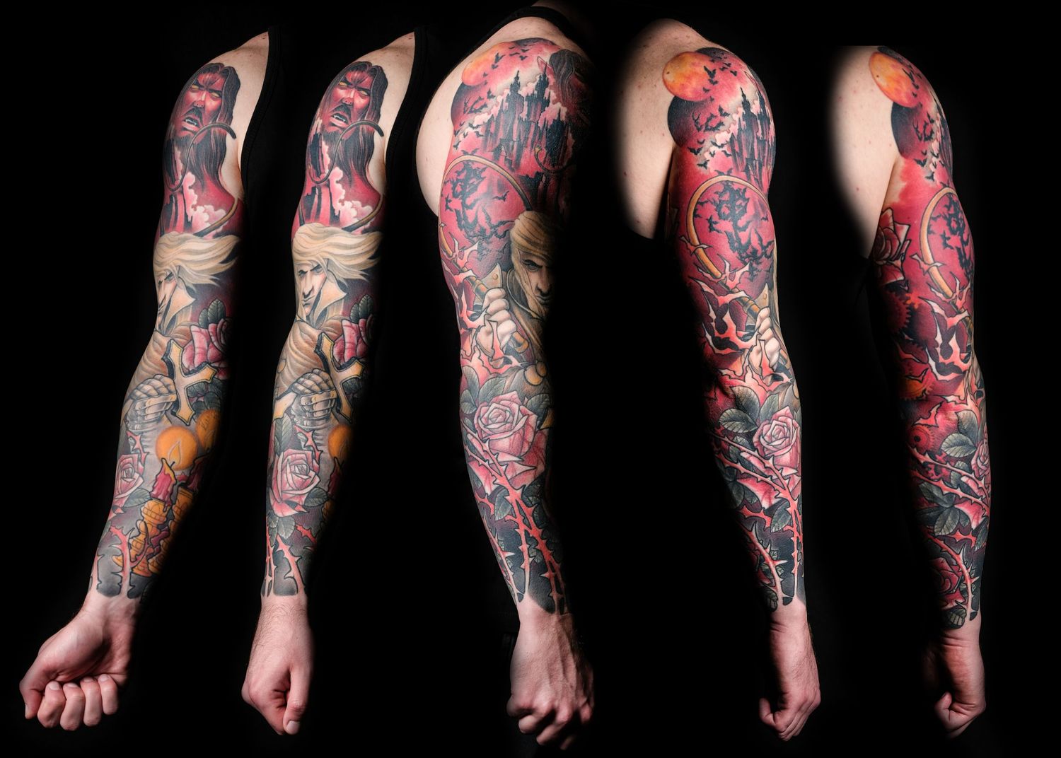 Tattoo portrait showing five different angles of a full sleeve tattoo.