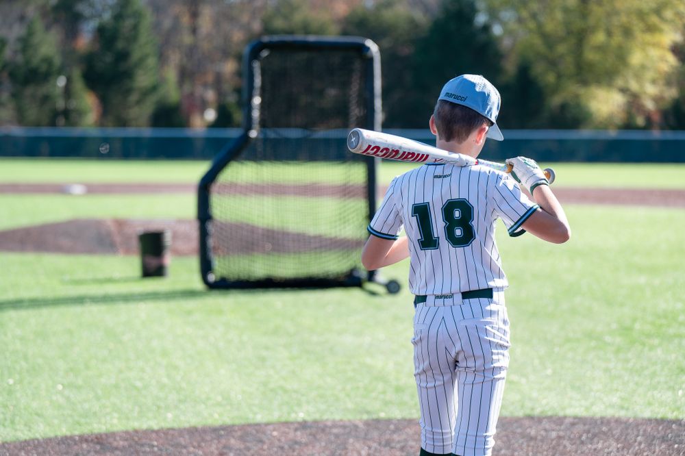 Baseball player in striped uniform with number 18 practices batting with practice net visible.