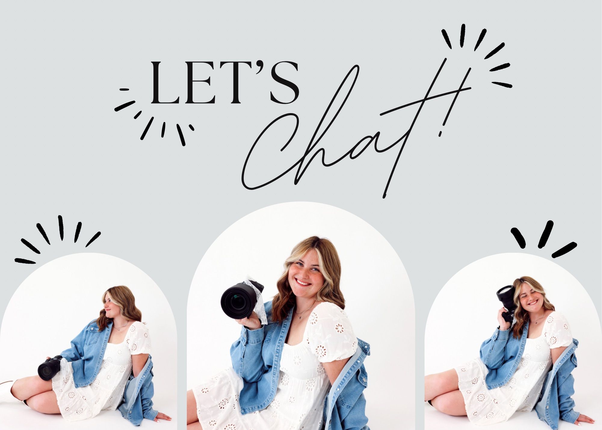 Triptych design of woman in floral dress with decorative text overlay.