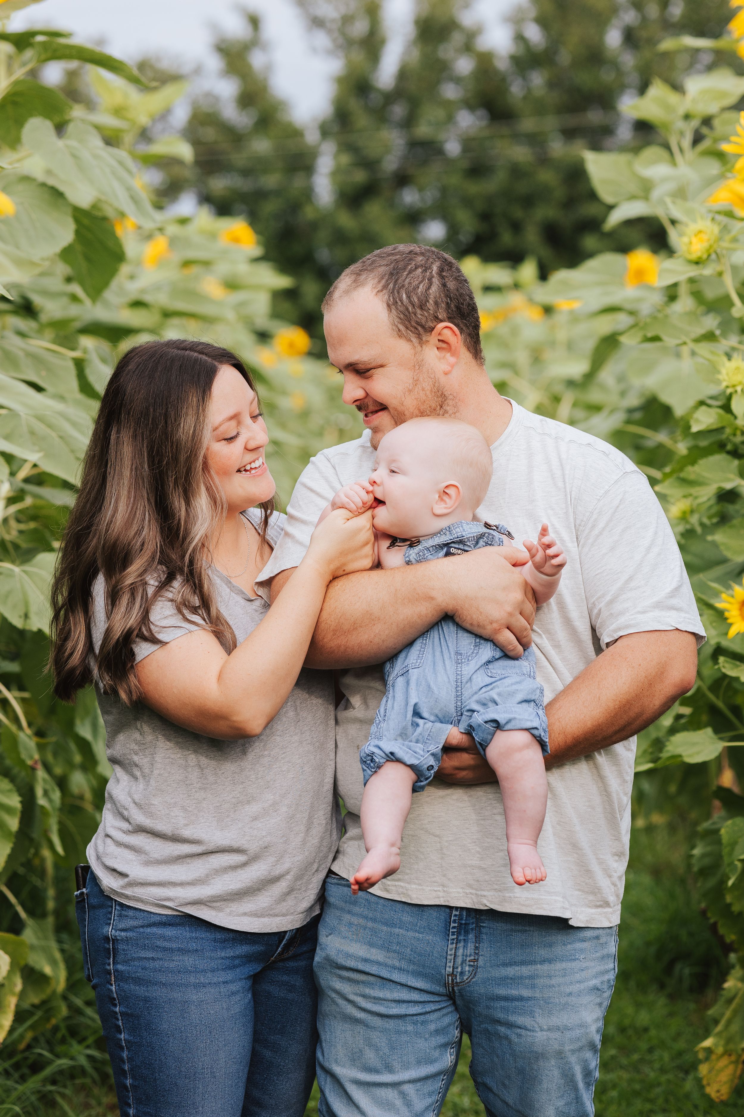 Family portrait in sunflower garden with baby wearing blue outfit.
