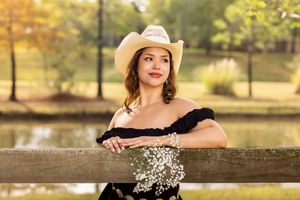 A series of outdoor portrait photographs taken at sunset with a wooden fence and natural park setting in the background.