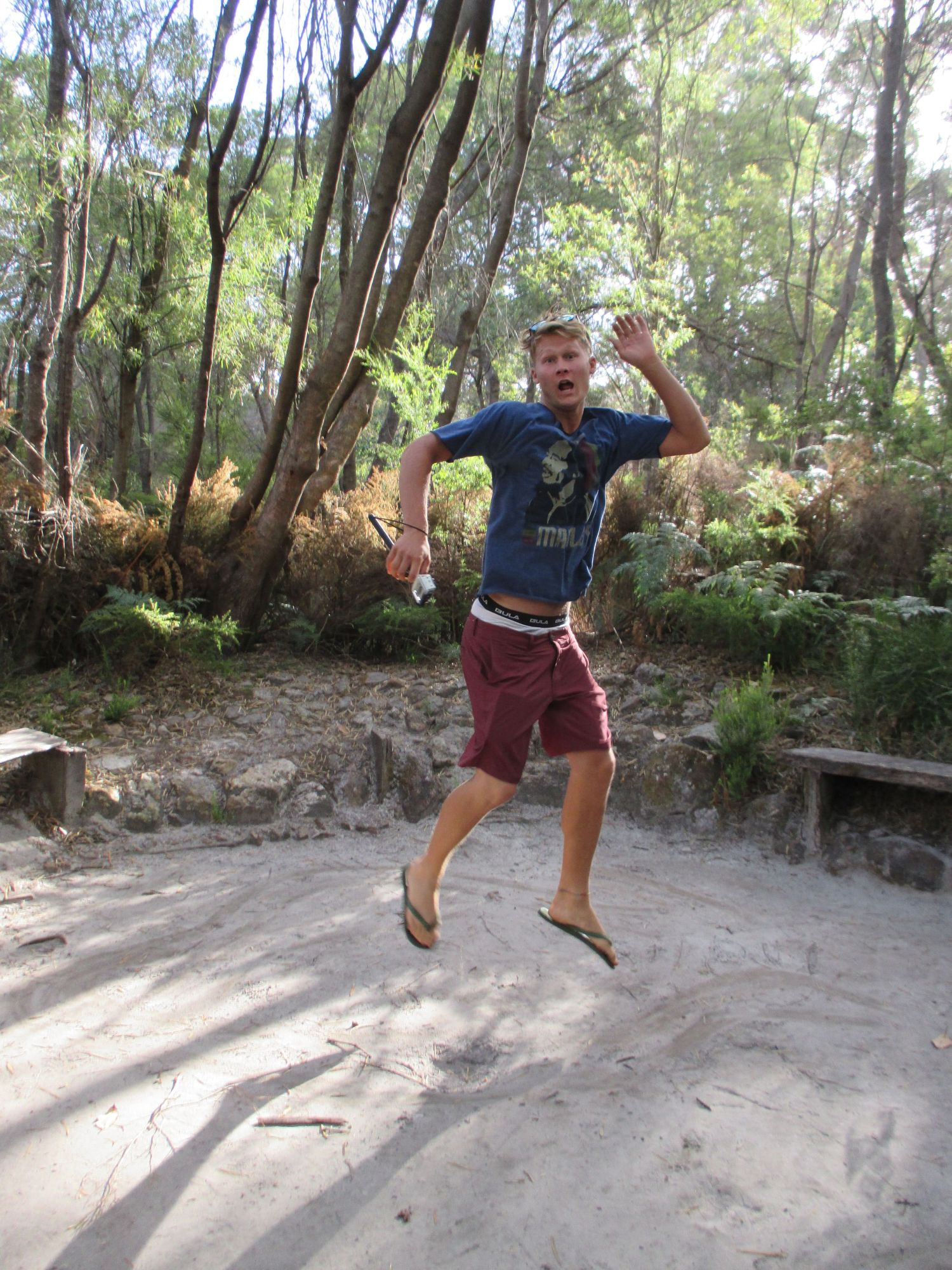 Jag hoppar i skogen med sand under, träd och solsken i bakgrunden, Australien