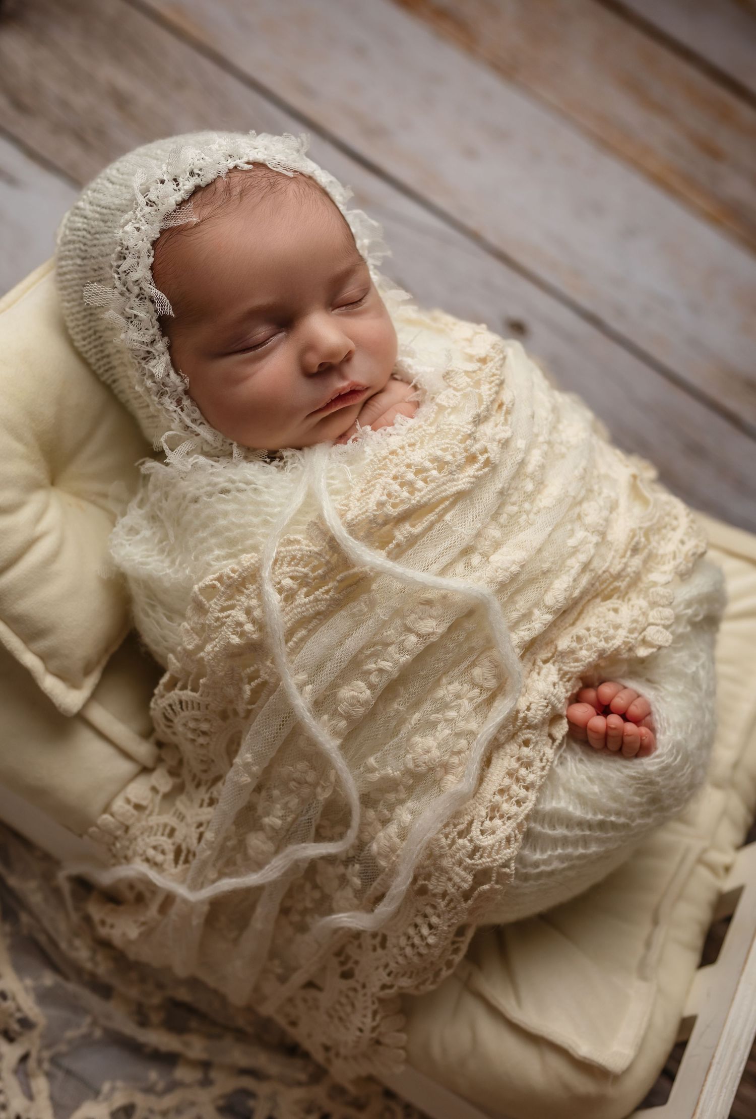 Charlottesville newborn, newborn, maternity, family, baby, baby girl in white lace wrap sleeping on bed