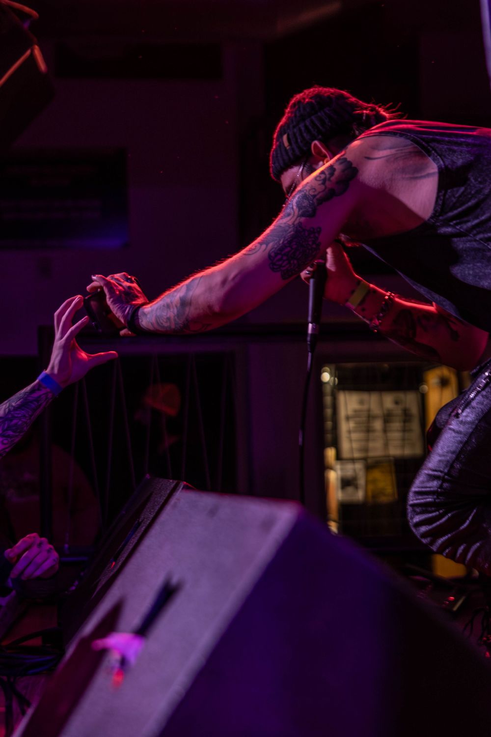 Tattooed rock performer leans off stage to connect with fans during live concert under purple and red lights.