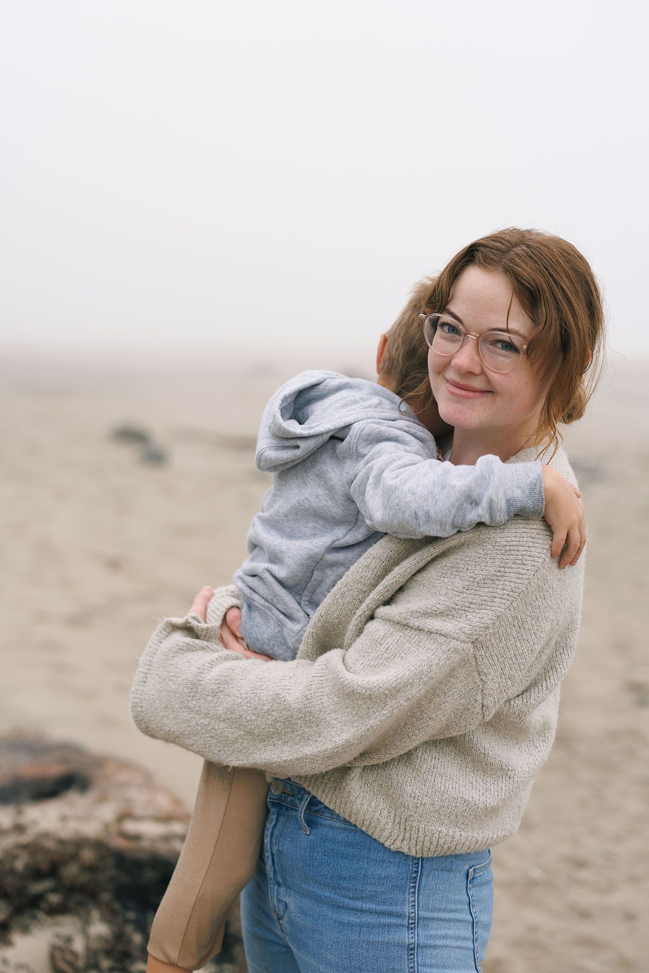 mom and son at beach
