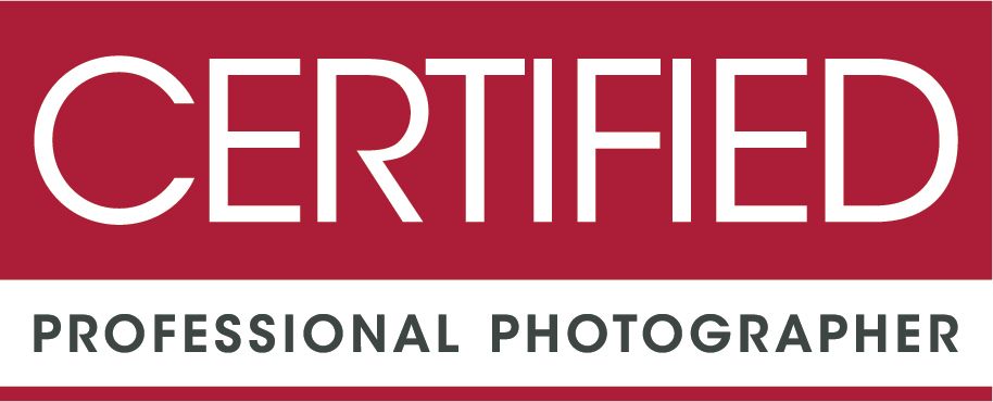 Red and white professional certification badge with text 'Certified Professional Photographer' on burgundy background.