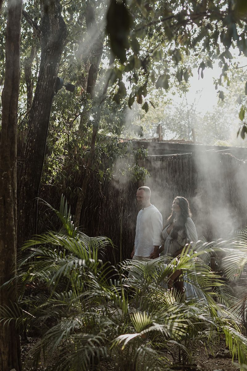 Mystical pregnancy photo with light and shadows at Our Habitas Tulum.