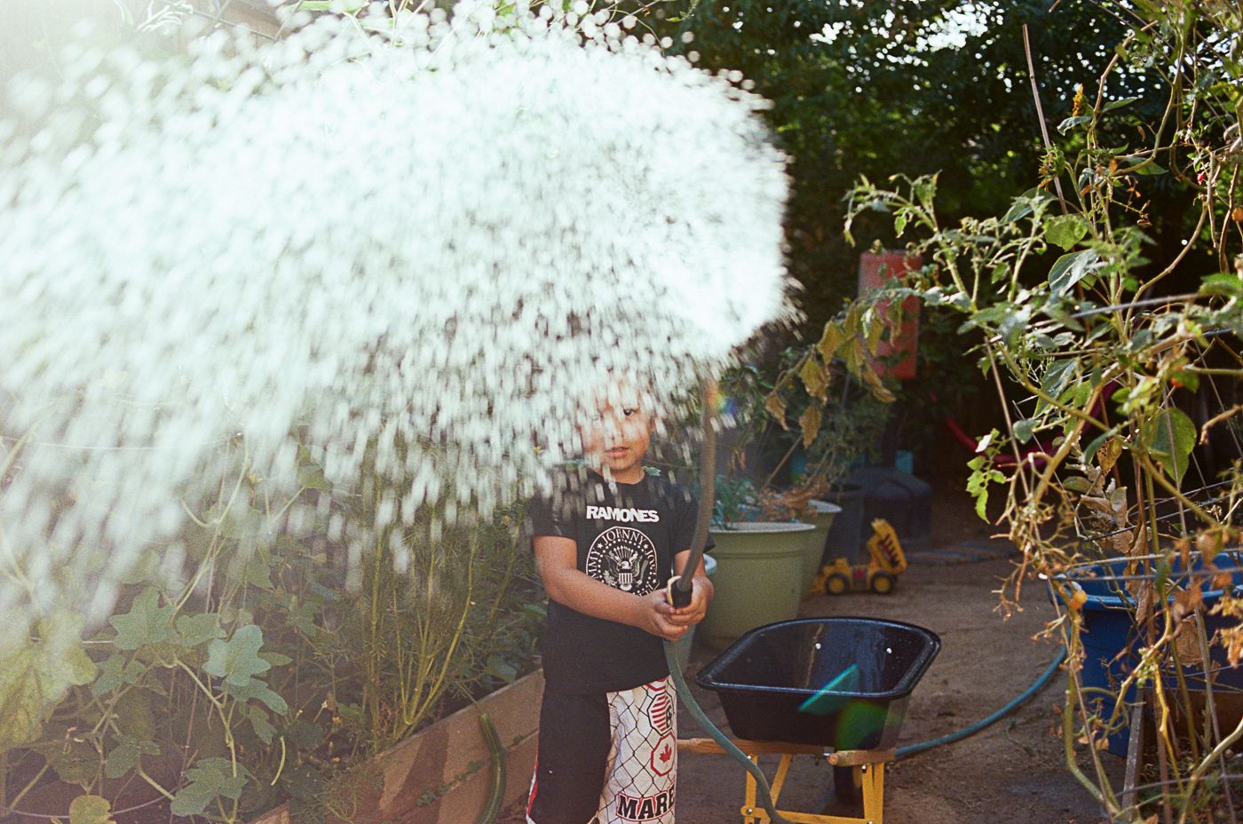Young person spraying water from a garden hose in a backyard garden setting.
