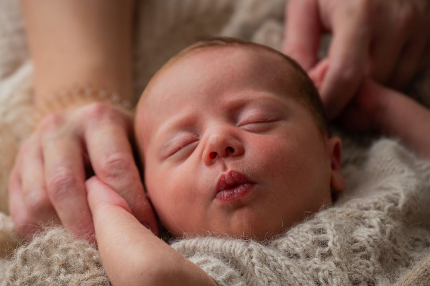 Peaceful sleeping newborn baby wrapped in soft gray blanket with gentle hands supporting.