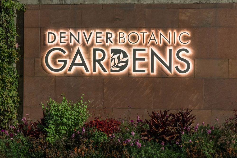 The Denver Botanic Gardens entrance sign mounted on a brick wall with climbing vines.
