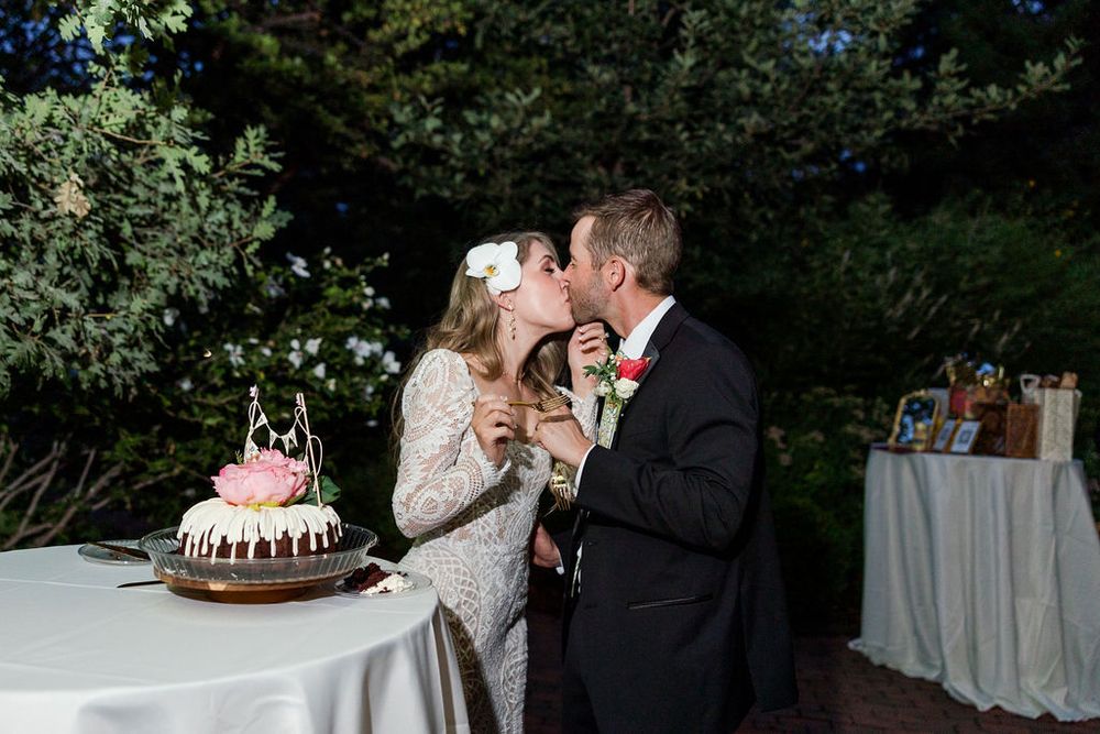 A wedding reception montage showing cake cutting, dancing, and celebration moments at an outdoor venue.