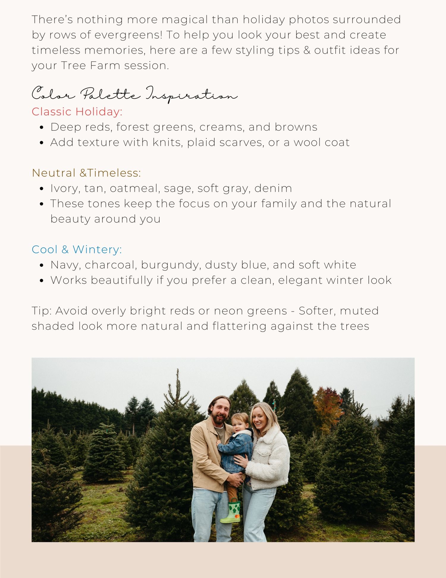 Color palette inspiration guide for winter photo sessions with evergreen tree backdrop.