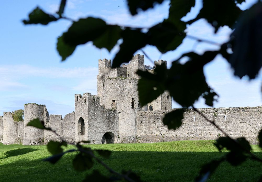 Ancient stone castle ruins viewed through tree branches against a blue sky.