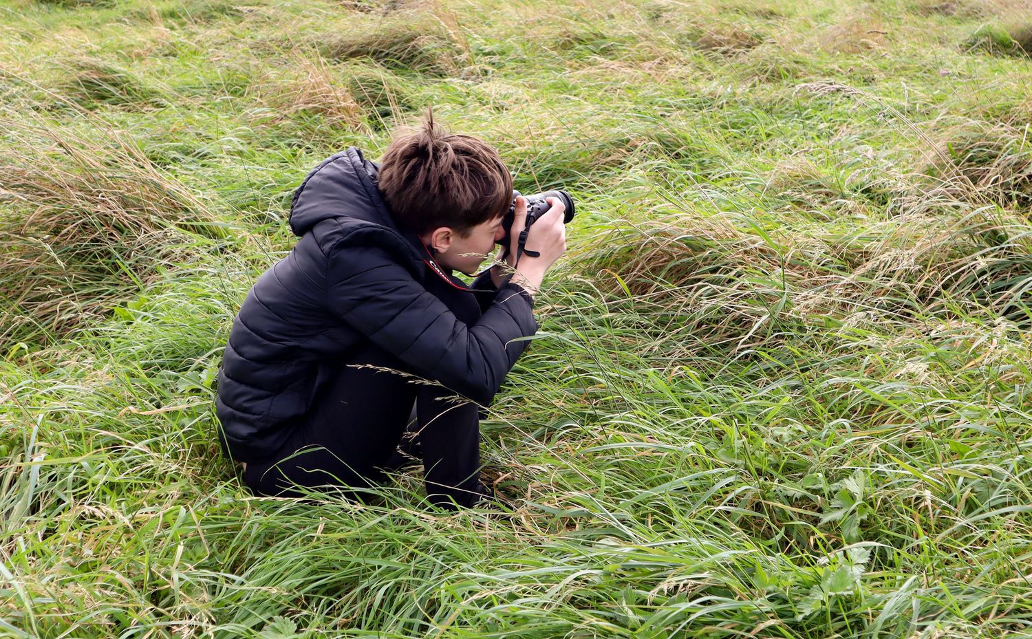 People crouching in tall grass taking nature photographs.