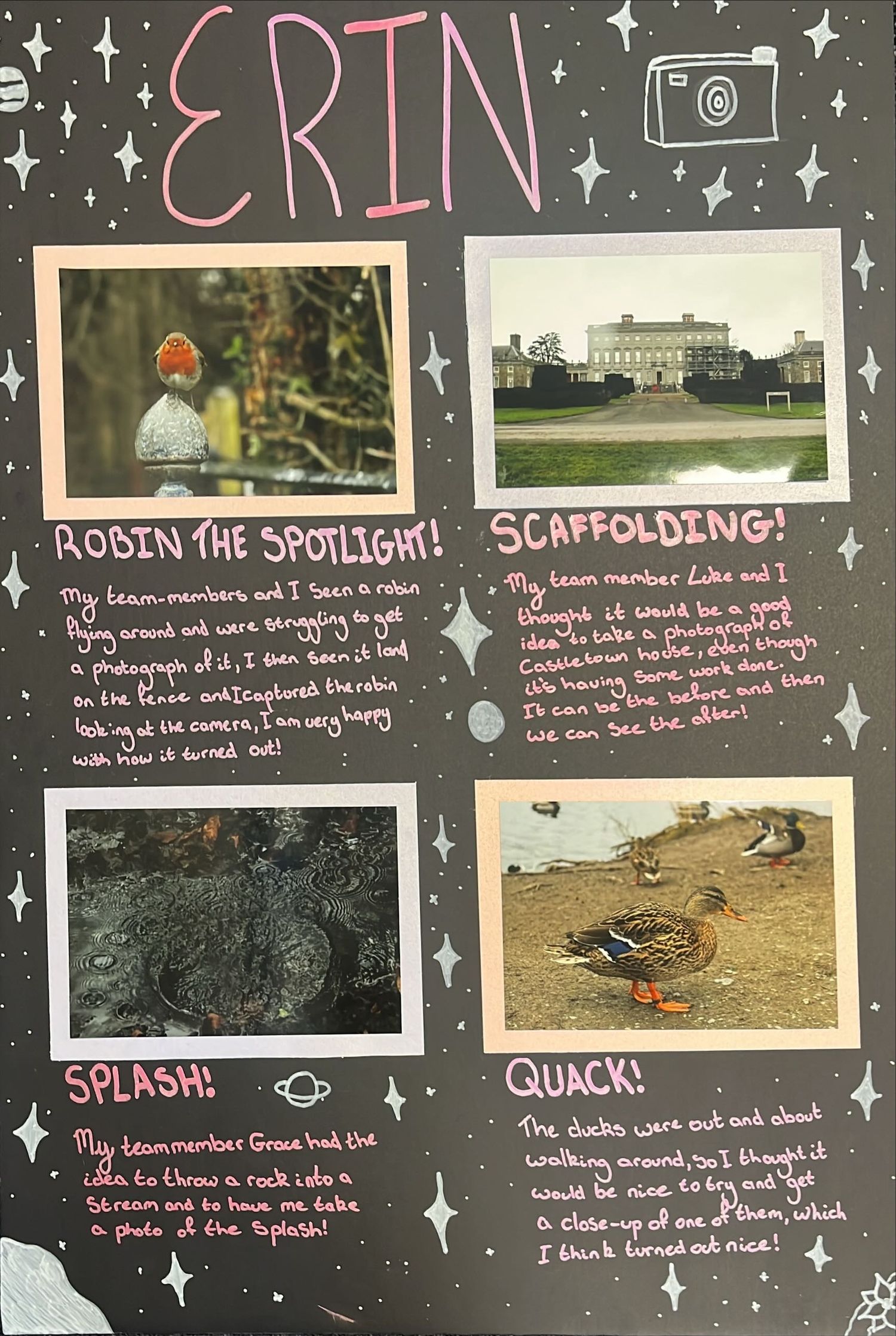 Student photography poster titled Erin with four photos: a robin, a stately house, a splash in a stream, and a duck on grass.