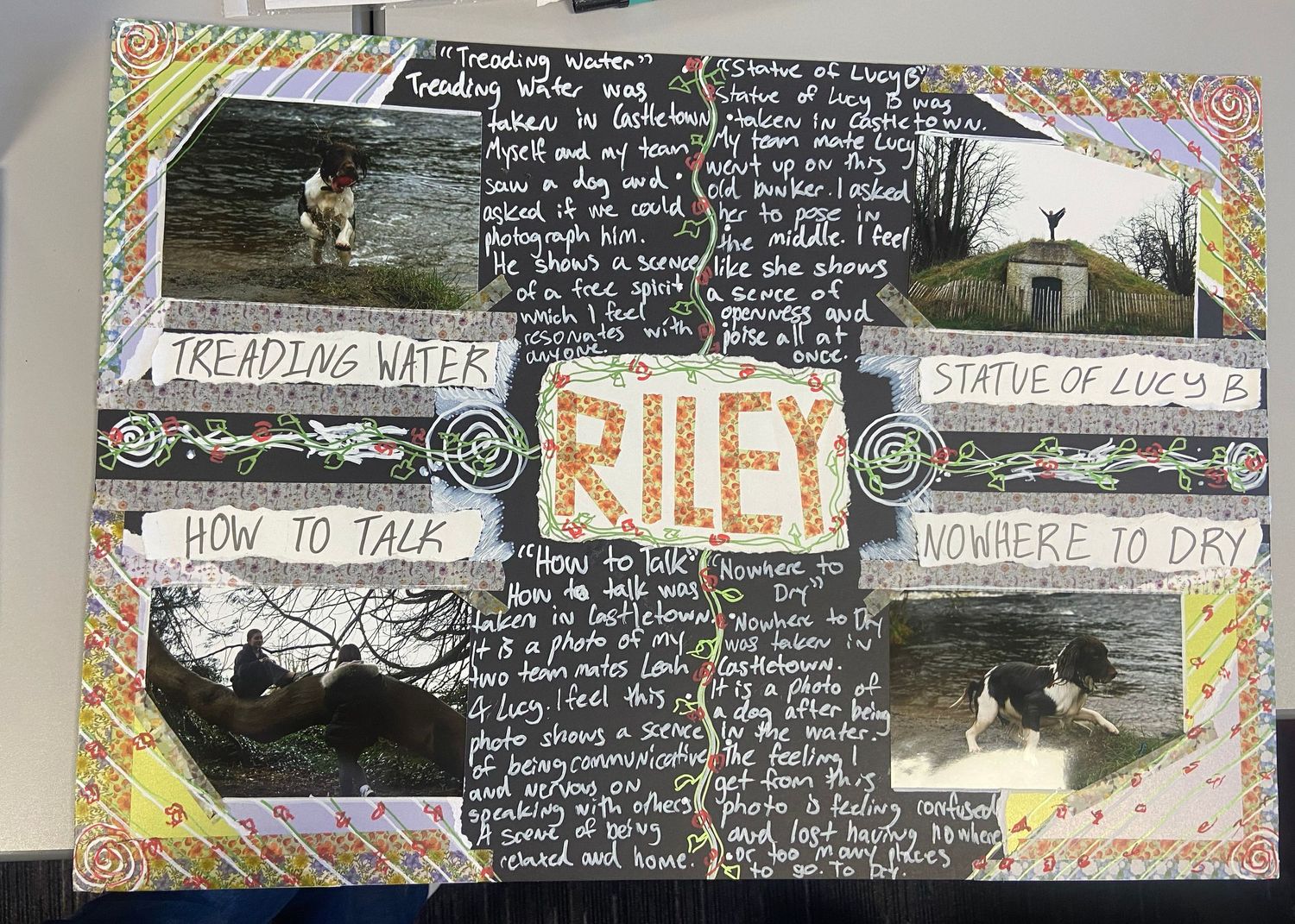 Handmade scrapbook-style collage titled Riley with dog photos, handwritten notes, and captions like Treading Water and Statue of Lucy B.