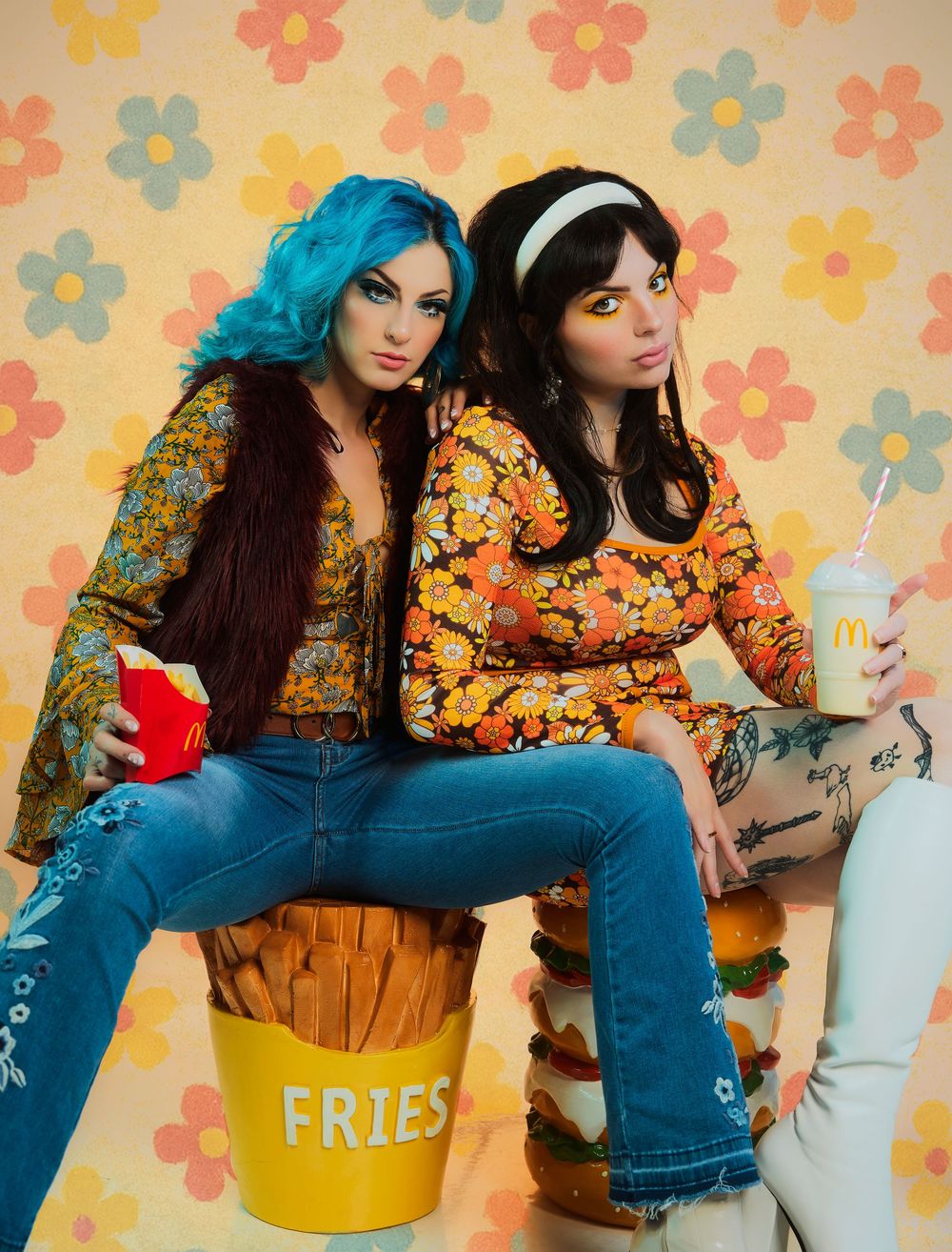 glitter disco style
1970s inspired photoshoot
creative fashion photographer
neon retro aesthetic
fast food editorial concept
pattern and col
