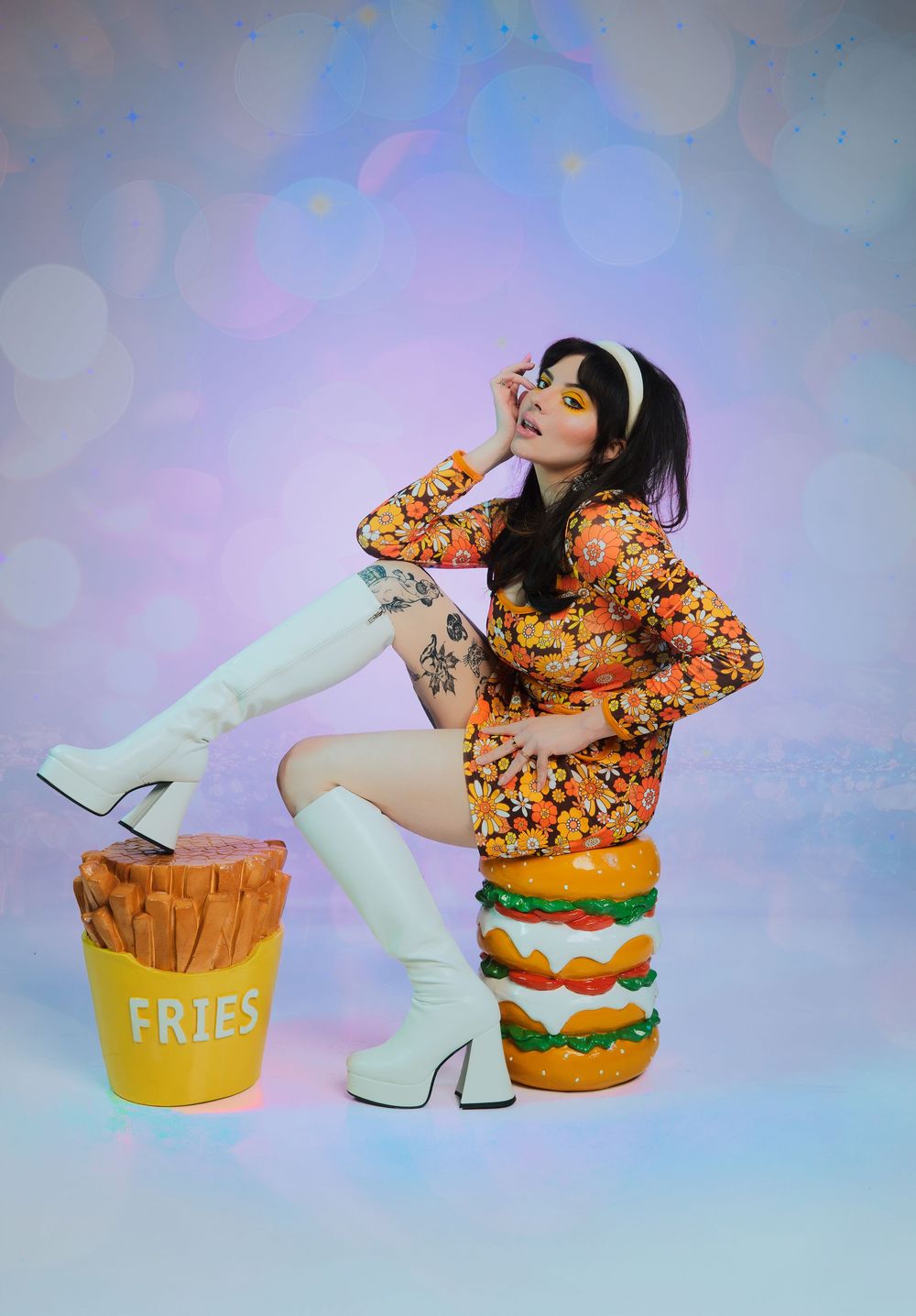 bold fashion styling
cinematic pop culture art
fashion photography with food
retro disco fashion editorial, disco fashion photoshoot
McDonal