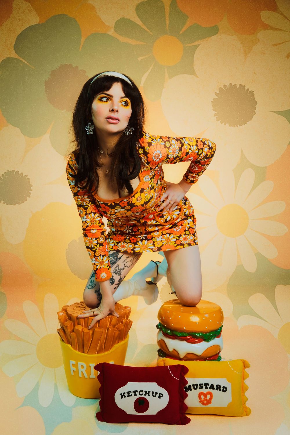 retro pop art concept
colorful fashion photography
food and fashion photo shoot
glitter disco style
1970s inspired photoshoot
creative fashi