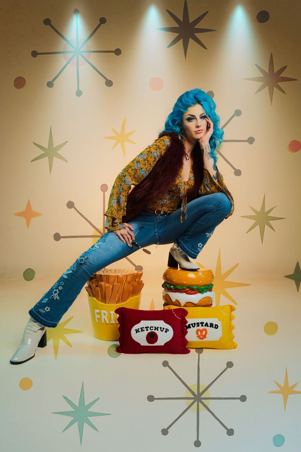 retro pop art concept
colorful fashion photography
food and fashion photo shoot
glitter disco style
1970s inspired photoshoot
creative fashi