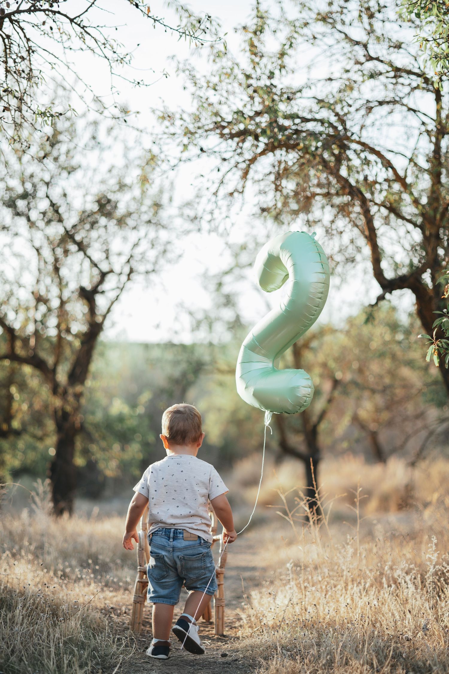 Baby's first birthday setup with bunting flags, balloons and cake on white blanket outdoors.