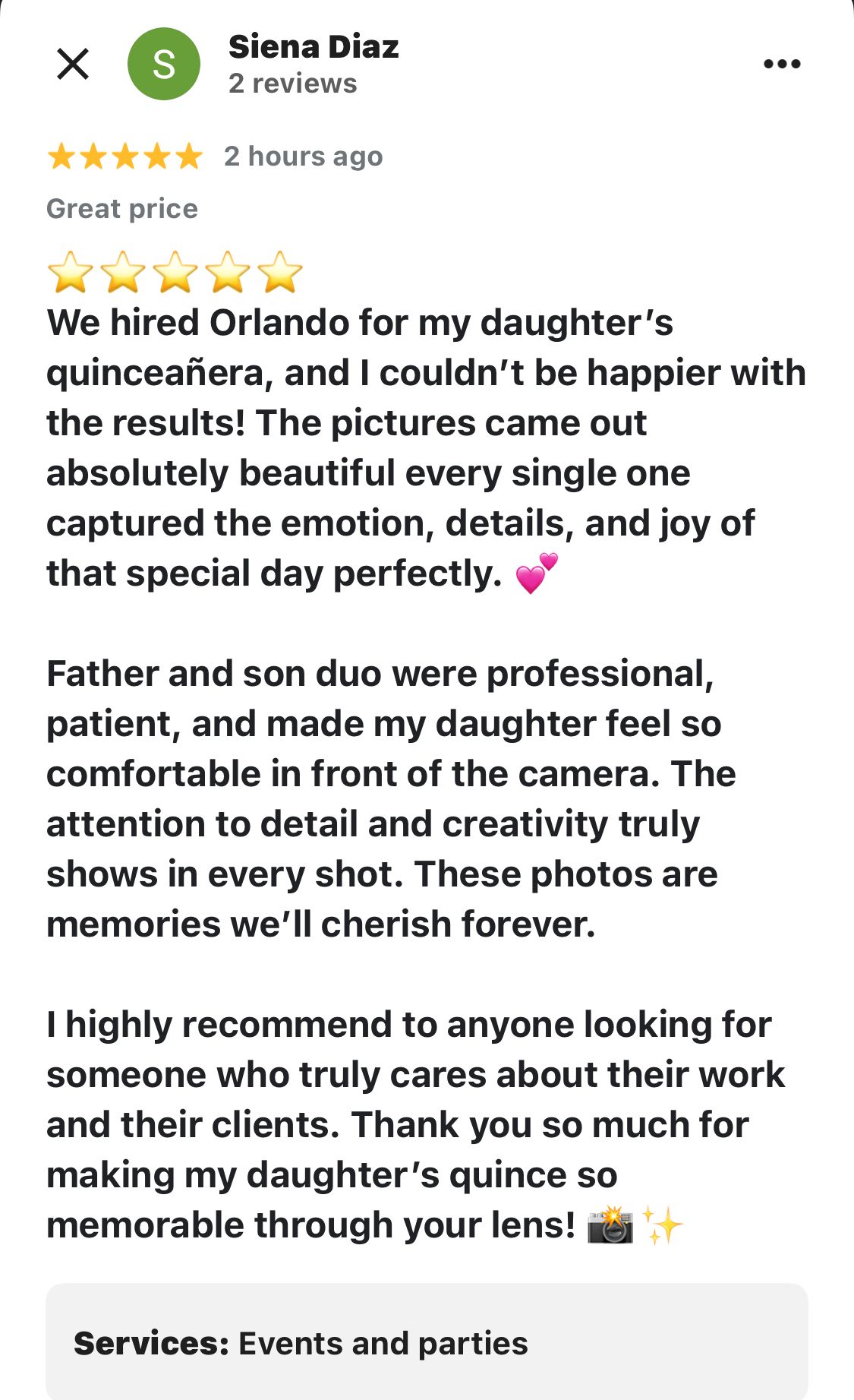 Screenshot of positive customer reviews for photography services.