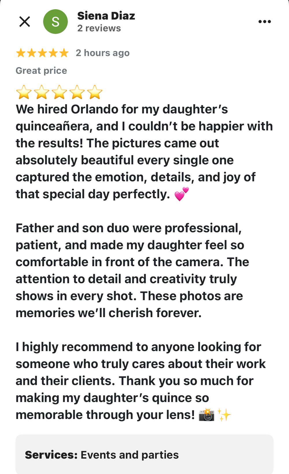 Screenshot of positive customer reviews for photography services.