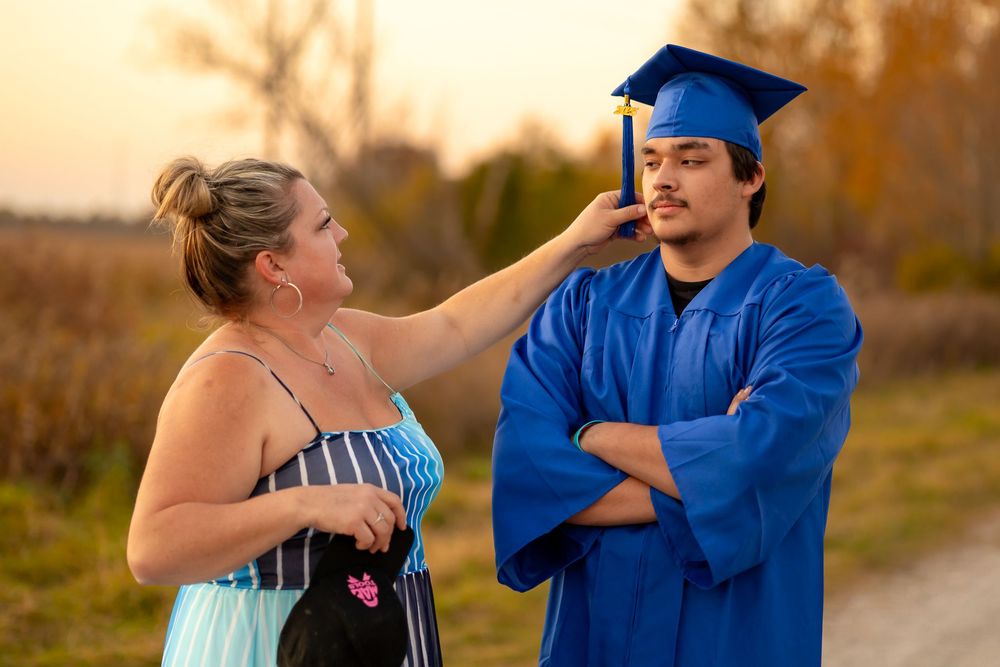 A graduation celebration sequence shows a graduate in blue cap and gown being embraced in a series of joyful moments.