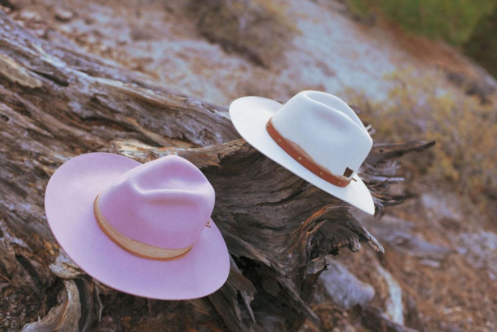 Pink and white cowboy hats resting on rustic driftwood log in outdoor nature setting.