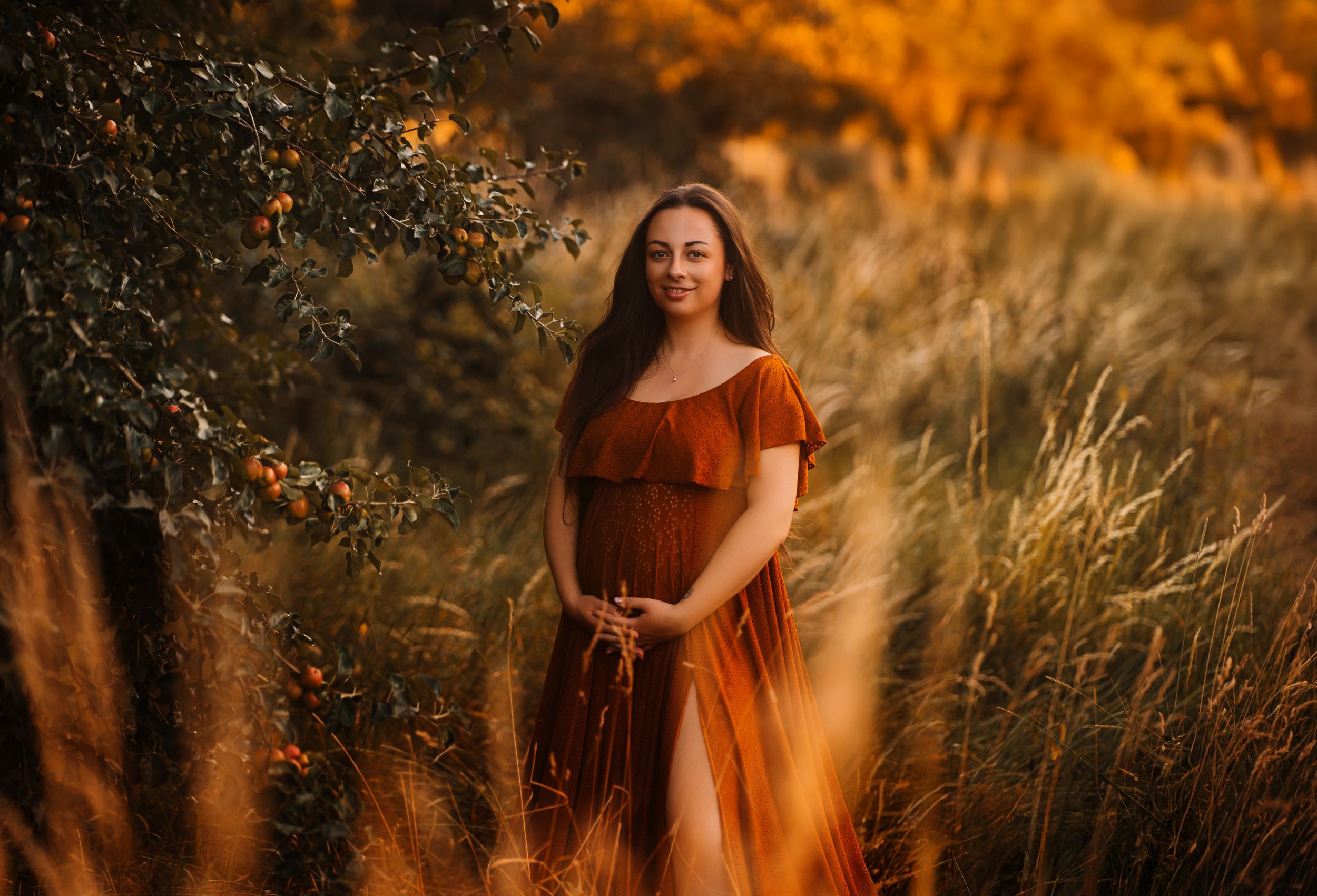 A person in a rust-colored dress stands in a golden field at sunset with soft bokeh lighting effects.