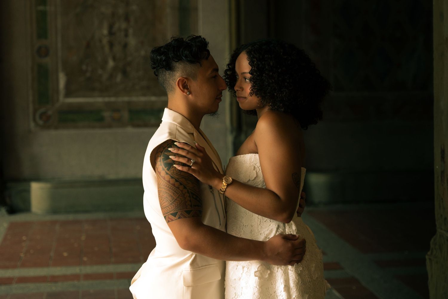 Engagement photography session featuring a couple posing together in New York City