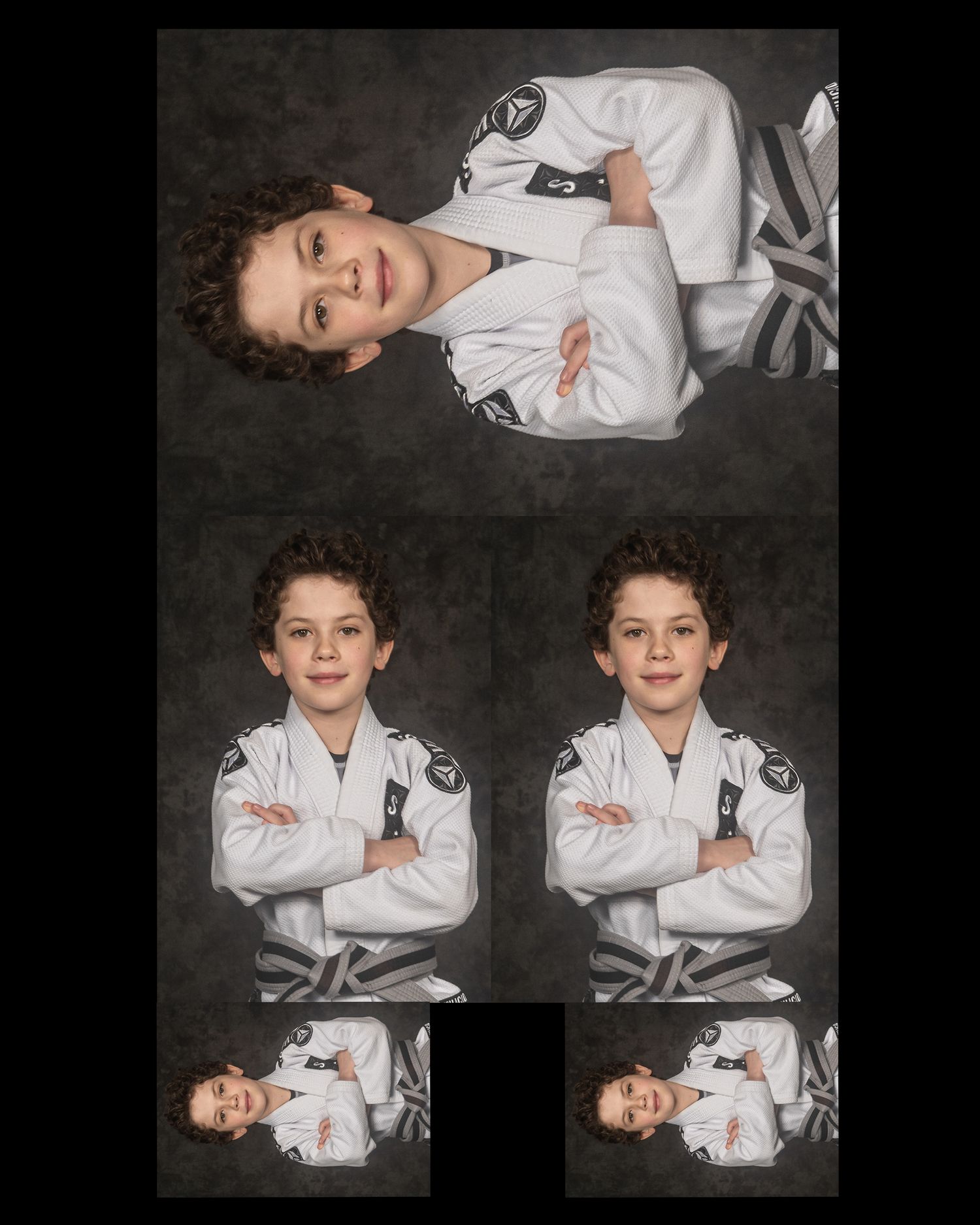 A collage of martial arts portrait poses featuring a student in a white uniform.