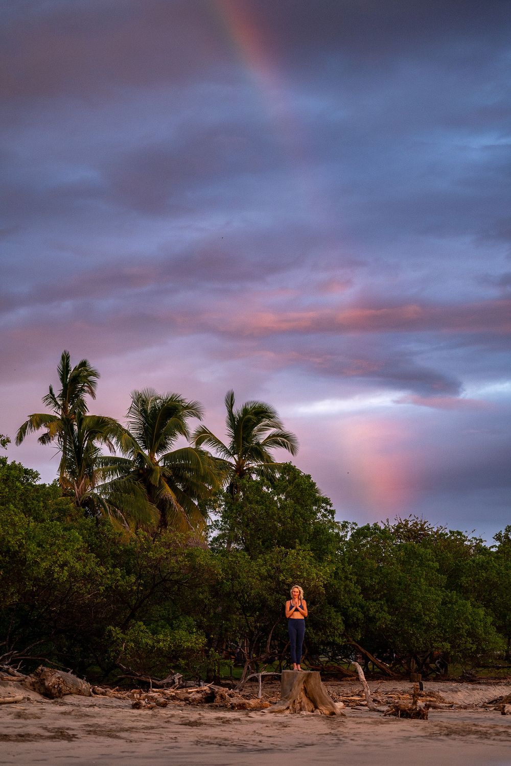 A figure stands on a tropical beach with palm trees and pink sunset clouds creating a dreamy Hawaiian landscape.