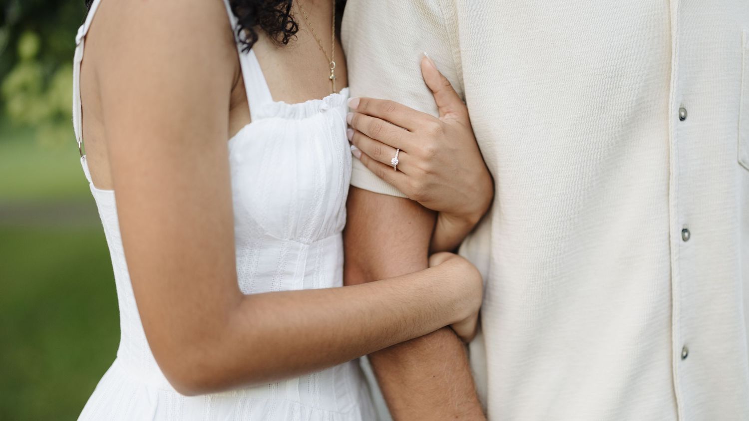A series of wedding photos showing close-up embraces and romantic moments outdoors in natural lighting.