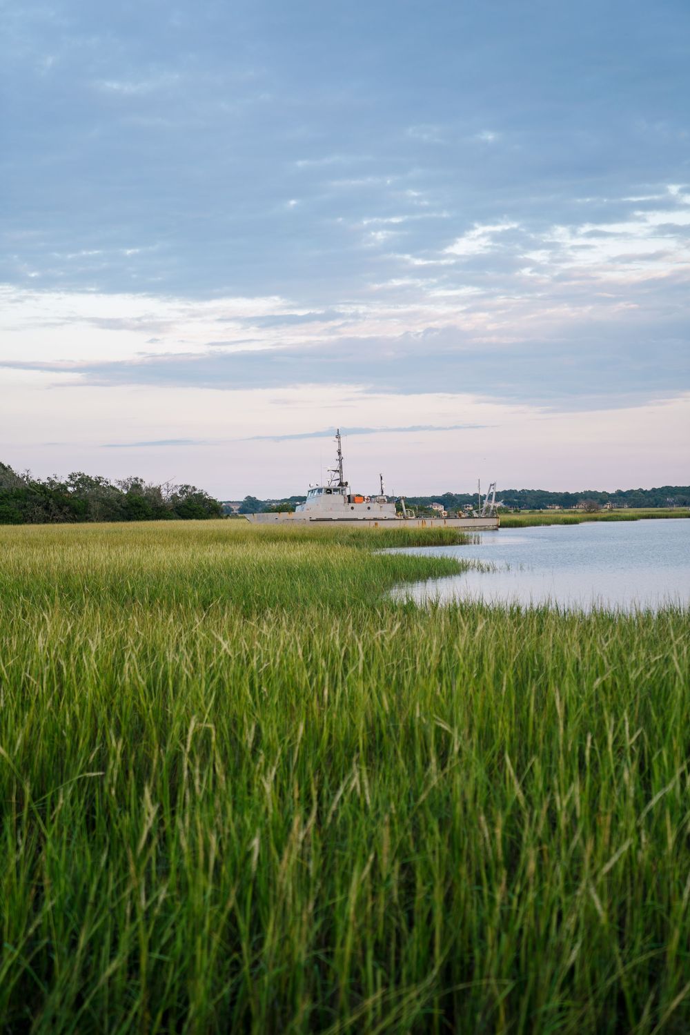 Panoramic view of marsh grass and water under cloudy skies.