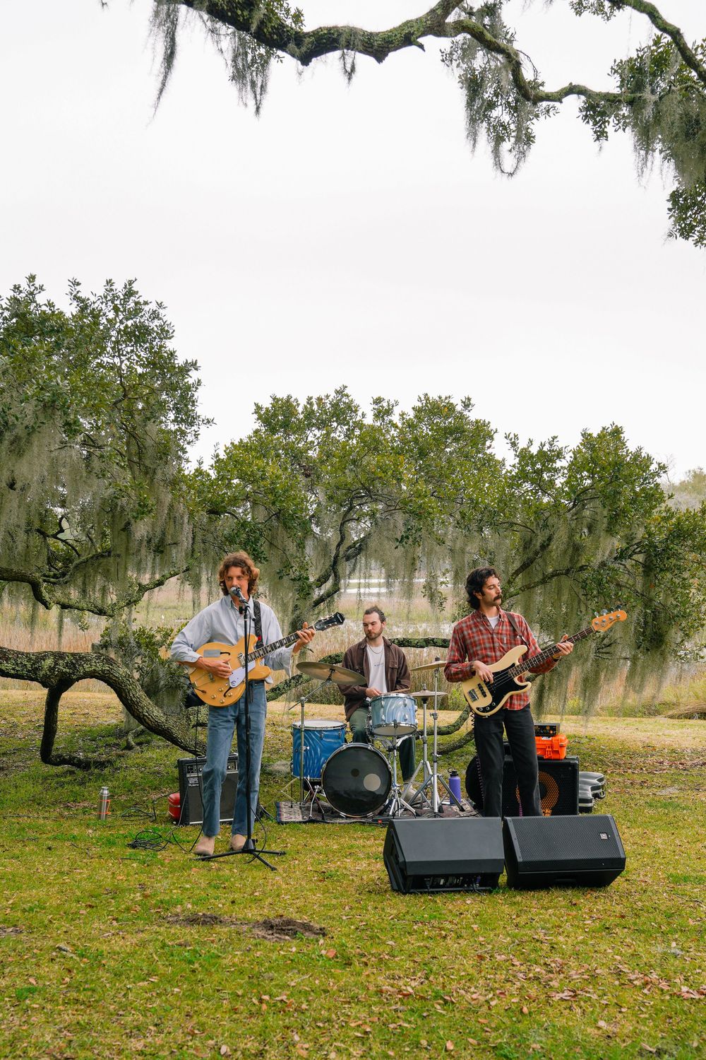 Band performing under Spanish moss-covered trees in an outdoor setting.