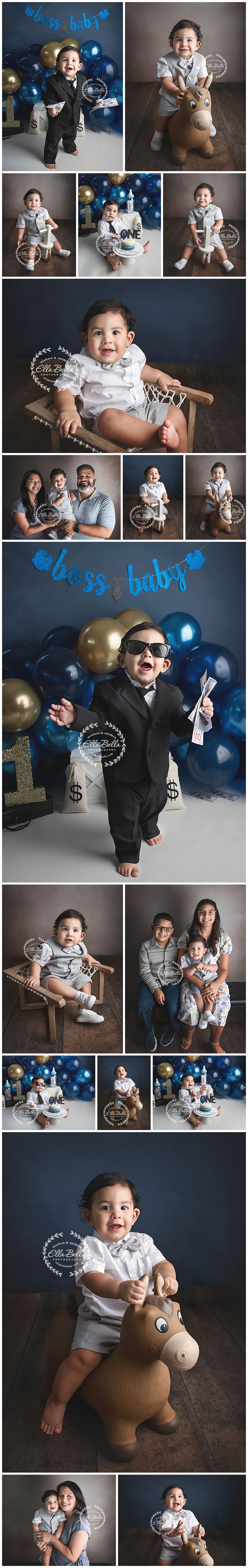 First birthday photo session featuring blue and gold balloons with a money theme and toy horse props in a stylish studio setting.