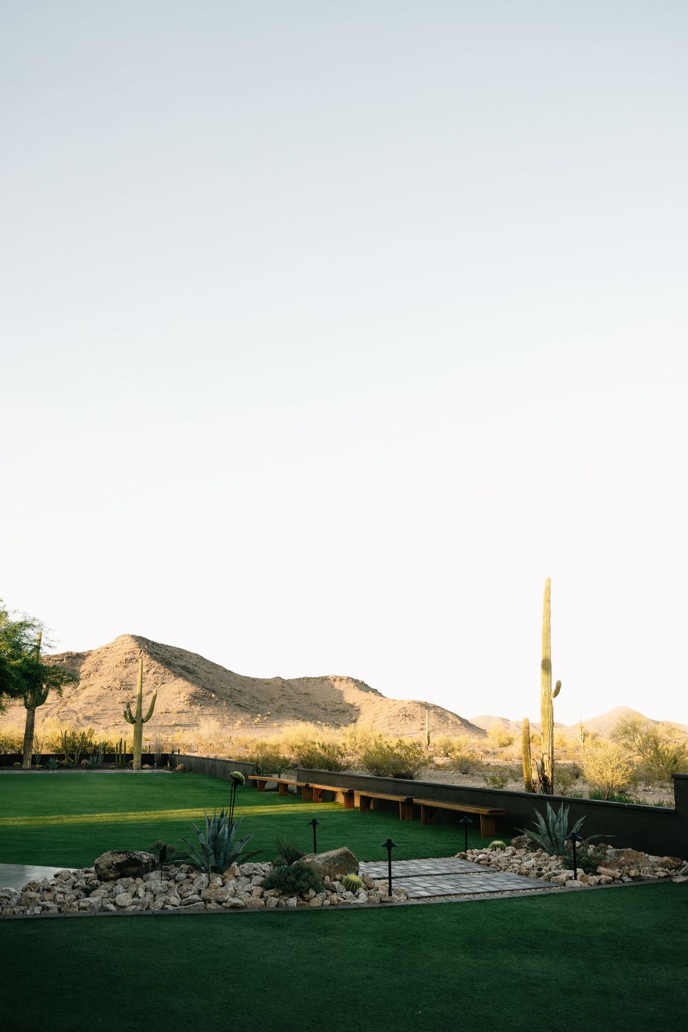 Desert landscape with saguaro cacti and mountains at sunset.