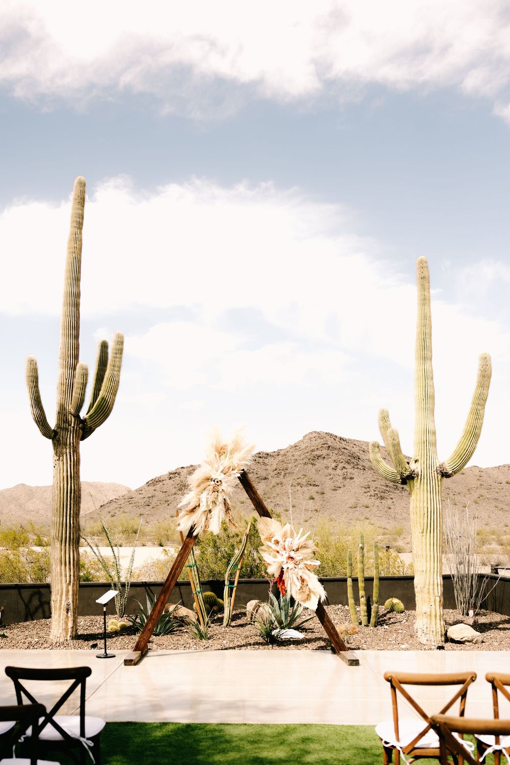 Desert wedding arch with tall saguaro cacti and mountain views in Arizona.