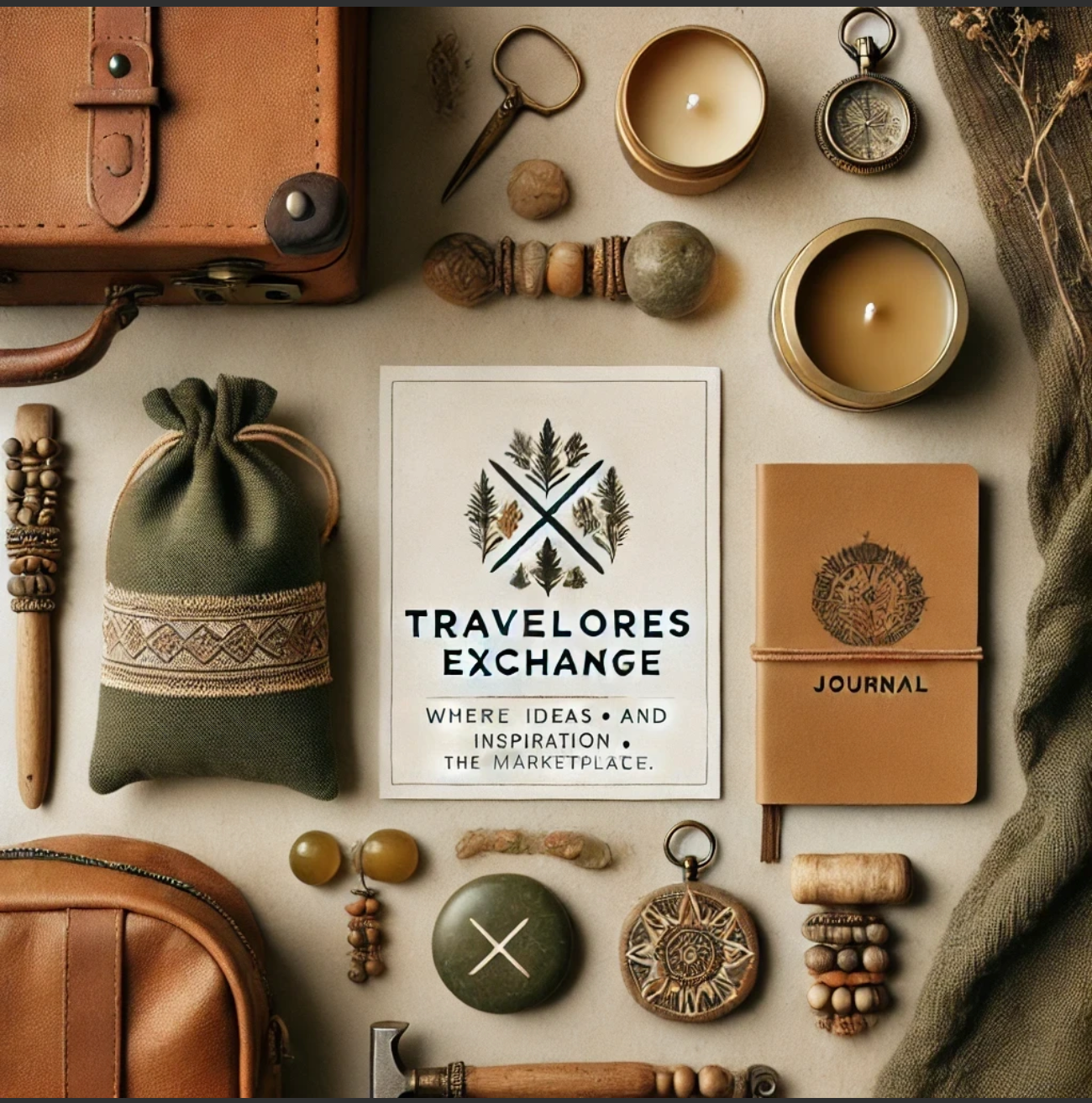 Flat lay of vintage travel items including leather accessories, candles, and branded materials.