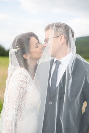 A romantic wedding portrait through a delicate veil in a scenic outdoor setting.