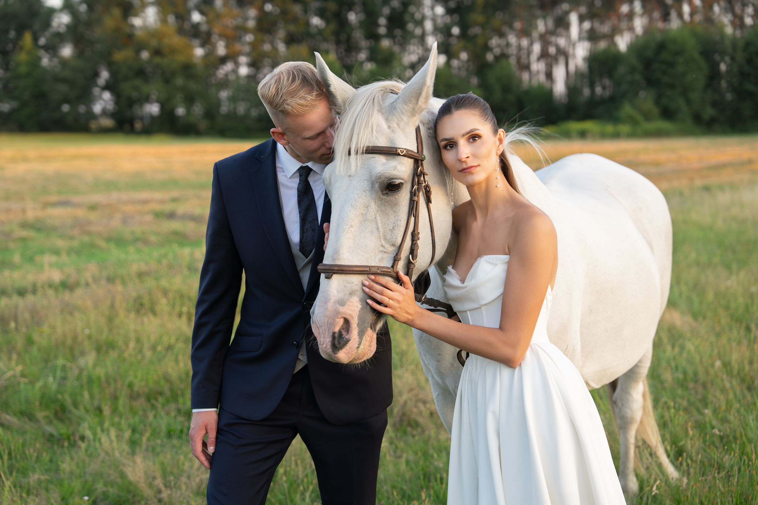 Wedding couple poses with a white horse in an outdoor field setting during golden hour.