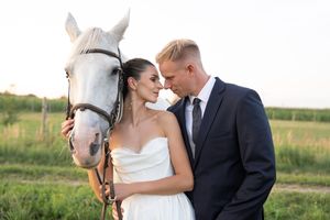 Collection of outdoor wedding photos with bride and groom posing together in natural sunlight.