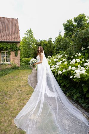 A bride in a white wedding dress with a long flowing veil stands near blooming white hydrangea bushes by a brick house.
