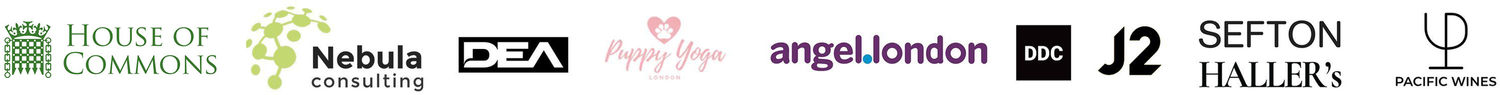 A series of company logos including Nobola, Angel London, J2, and Sefton displayed in a row.